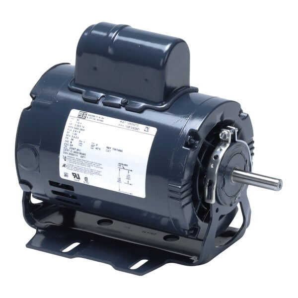 A dark-colored electric motor with a cylindrical body, a mounting base, a protruding shaft, and a label with technical specifications.