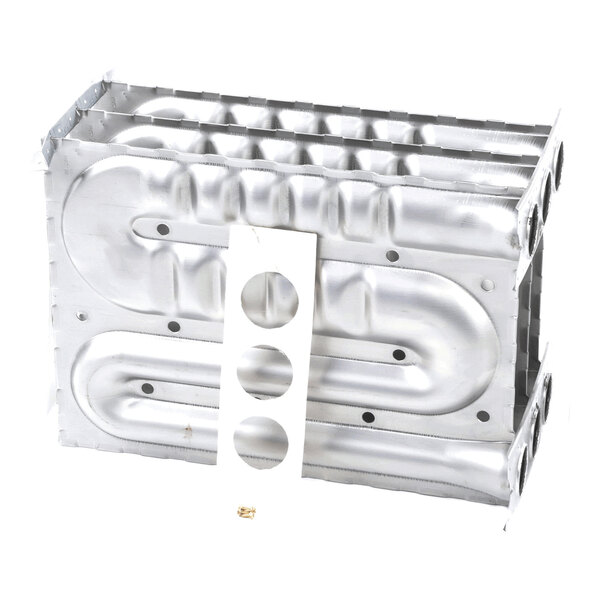 A rectangular metallic component with multiple parallel channels and a separate metal strip featuring three circular cutouts.