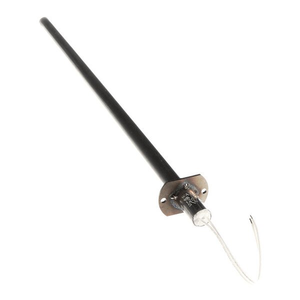 A long, cylindrical black rod with a metal mounting plate and two white wires extending from one end.