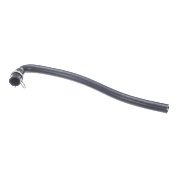 A black, flexible tube with a metal clamp attached to one end, shown against a white background.