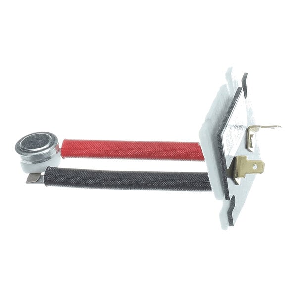 A metal limit switch with two attached wires, one red and one black, and a mounting bracket.