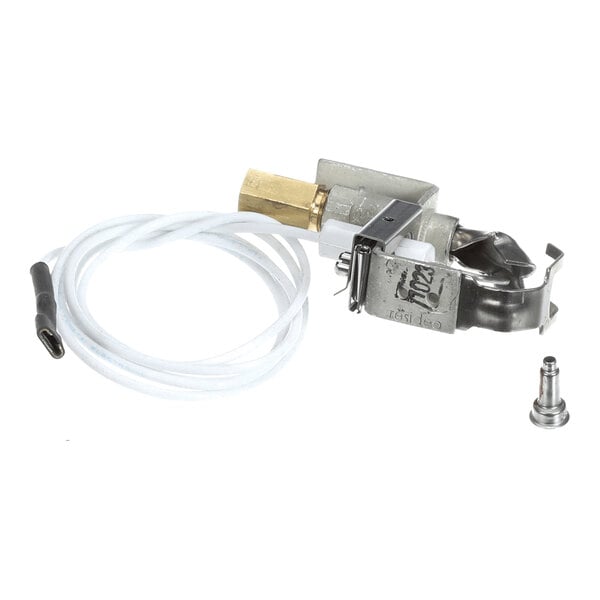 A metal burner assembly with an attached white wire and a small separate metal fitting, shown on a white background.