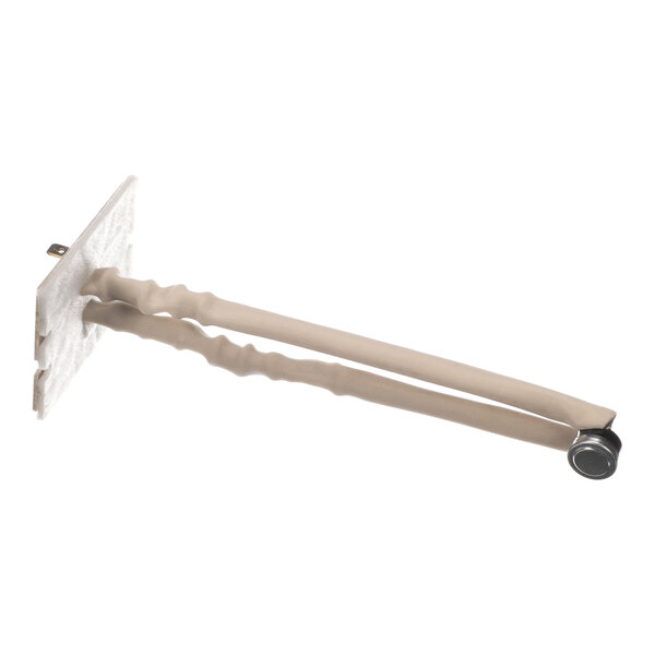 A metal component with two insulated, wavy rods attached to a rectangular mounting plate, ending in a small cylindrical part.