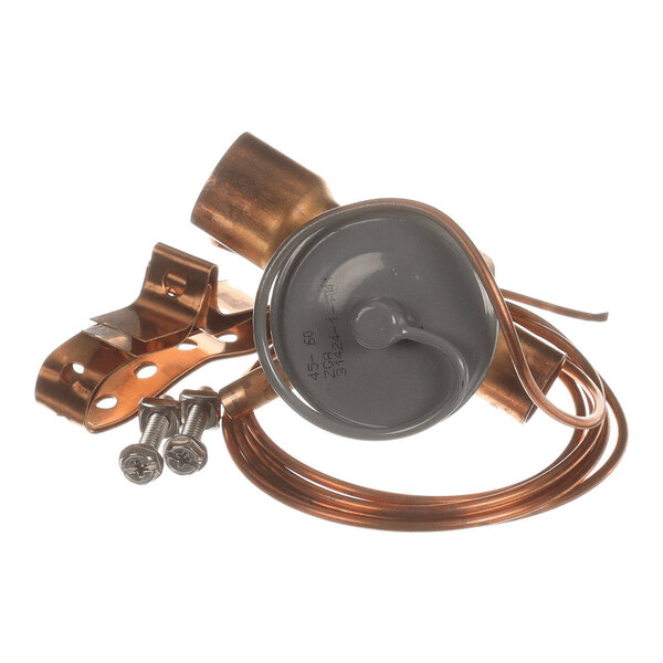 A coiled copper tube with a round metallic component, a mounting bracket, and two screws.