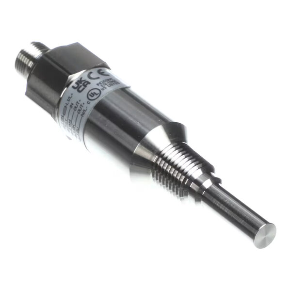 A metallic cylindrical device with a threaded section and a smooth, rounded tip, featuring a label with certification markings.