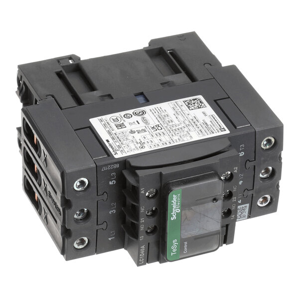 A black, rectangular electrical contactor with multiple screw terminals, labeled markings, and a clear cover displaying the Schneider Electric brand.