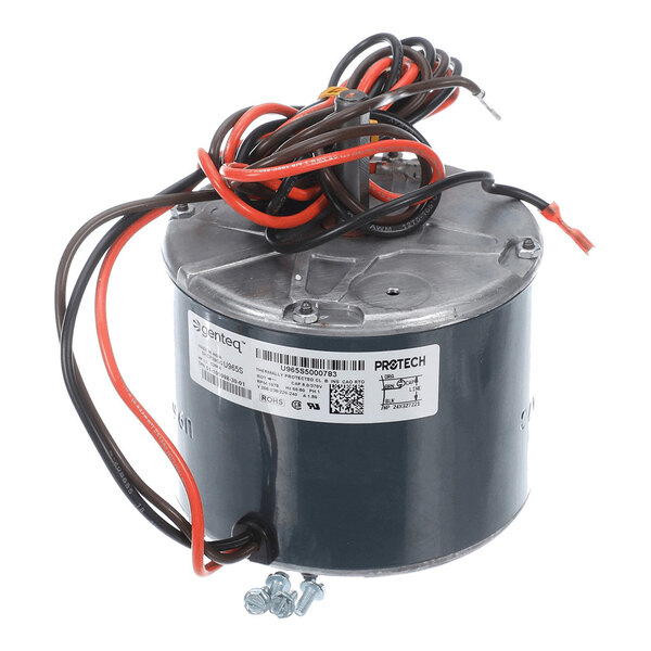 A cylindrical electric motor with attached wires and a label, accompanied by three screws.