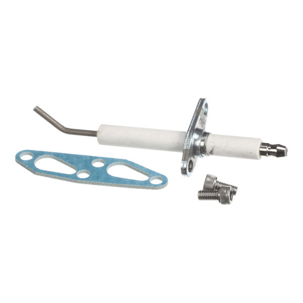 A metal and ceramic spark electrode assembly with a mounting flange, a blue gasket, and two small metal fittings.