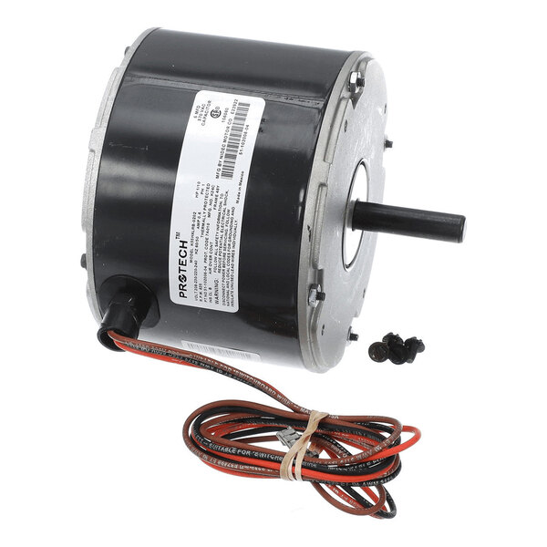 A cylindrical electric motor with a protruding shaft, attached wires, and a label on the side, accompanied by a bundled set of cables and a few small screws.