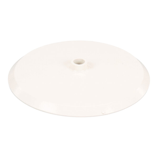 A round, white, slightly domed disc with a central hole.