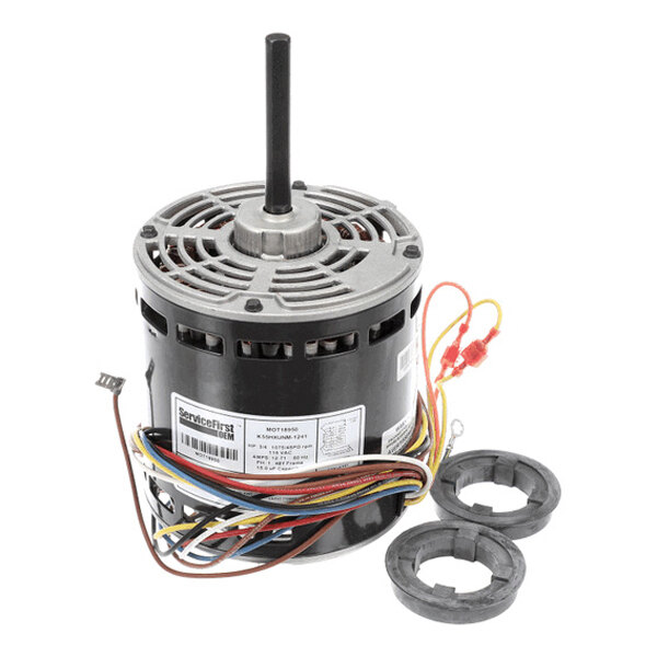 A cylindrical electric motor with a central shaft, multiple colored wires, and two circular plastic mounting brackets placed beside it.
