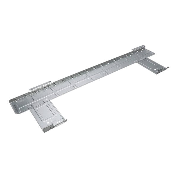 A metallic mounting plate with multiple bends, cutouts, and attachment points, designed for structural support or installation purposes.