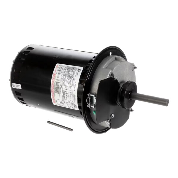 A cylindrical electric motor with a protruding shaft and a label containing technical specifications.