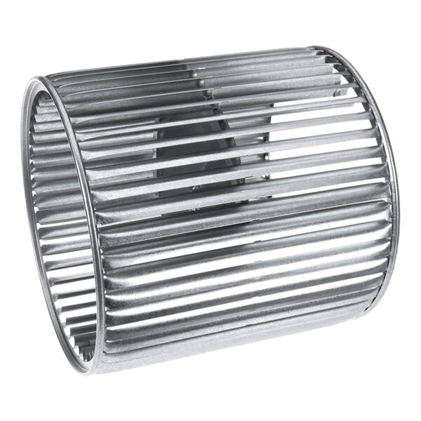 A cylindrical metal blower wheel with evenly spaced parallel blades and open ends.