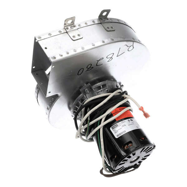 A metal and black cylindrical mechanical assembly with attached wires and mounting brackets.