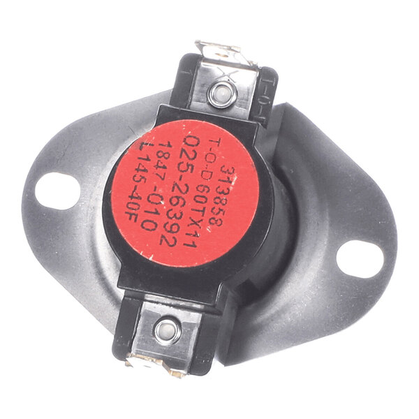 A small round electronic component with a red label, two metal terminals, and a black mounting base with two screw holes.