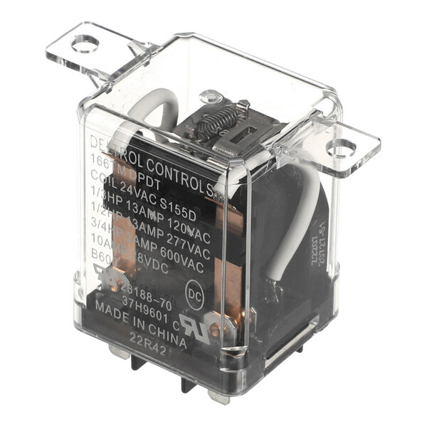 A transparent plastic-cased electrical relay with visible internal components and printed specifications on the front.