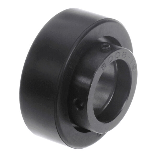 A black, cylindrical mechanical bearing with an inner and outer ring, featuring engraved markings on the inner ring.