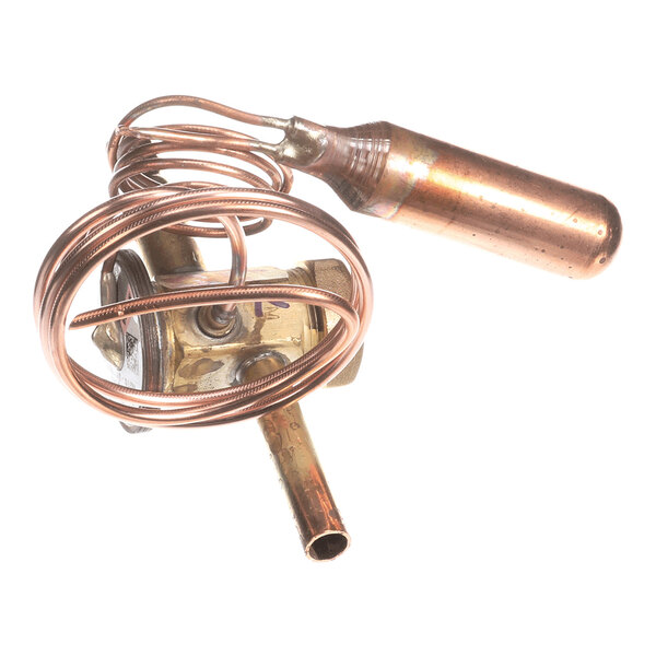 A brass and copper valve assembly with a coiled copper tube and a cylindrical component attached.