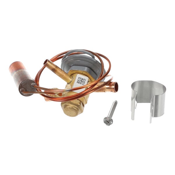 A brass and copper expansion valve assembly with attached copper tubing, a metal mounting clip, and a screw, all displayed on a white background.