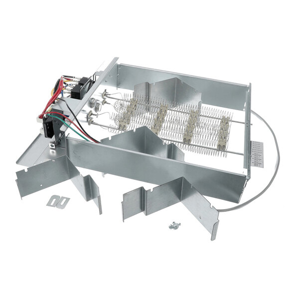 A metal assembly with coiled heating elements, electrical wiring, and mounting brackets, likely part of an HVAC or heating system.