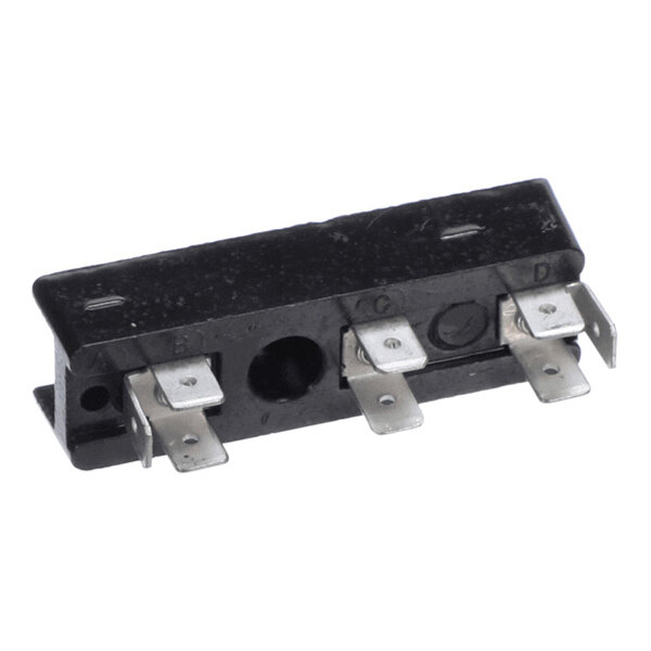 A black rectangular terminal block with three pairs of metal connectors labeled A, B, C, and D.