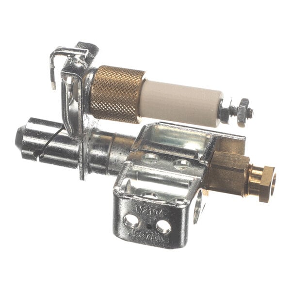 A metallic mechanical component with a cylindrical ceramic part, brass fittings, and mounting brackets.