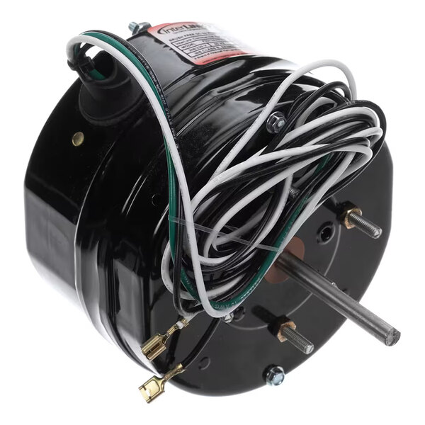 A black cylindrical electric motor with attached wires and a protruding metal shaft.