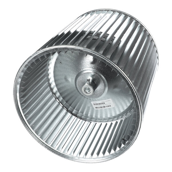 A cylindrical metal fan wheel with evenly spaced blades and a central mounting hub.