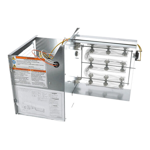 A metal electric heater assembly with exposed coiled heating elements, wiring, and safety labels.
