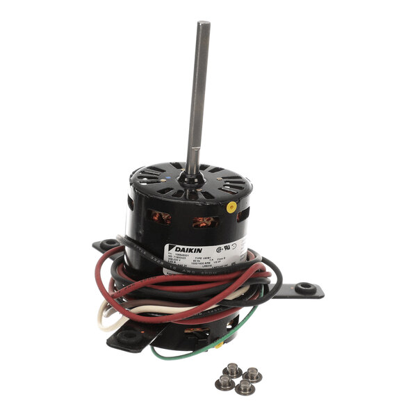 A small electric motor with a central shaft, attached mounting brackets, several colored wires, and four screws placed in front.