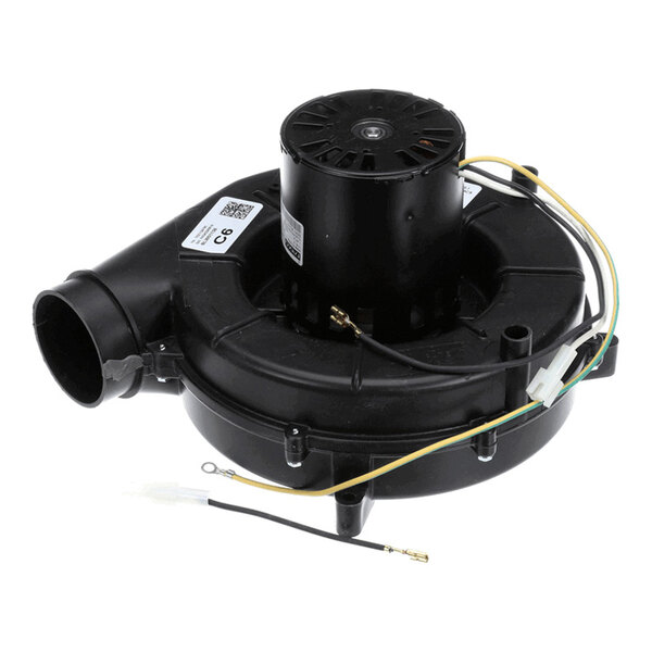 A black, round electric blower motor with attached wires and a side air outlet, shown on a white background.
