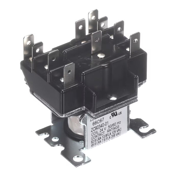 A black and silver electrical relay with multiple metal terminals and a label displaying technical specifications.