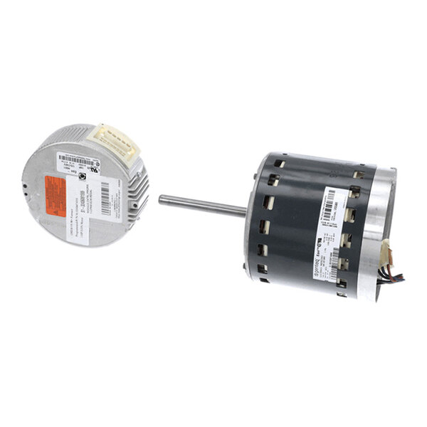 The image shows two electric motor components, one with a visible shaft and the other with a connector and labels.