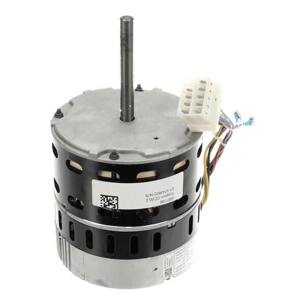 A cylindrical electric motor with a central shaft, multiple ventilation slots, and attached wiring with a white connector.