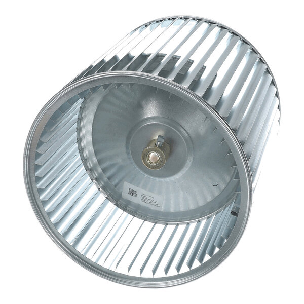A cylindrical metal blower wheel with evenly spaced blades and a central mounting hub.