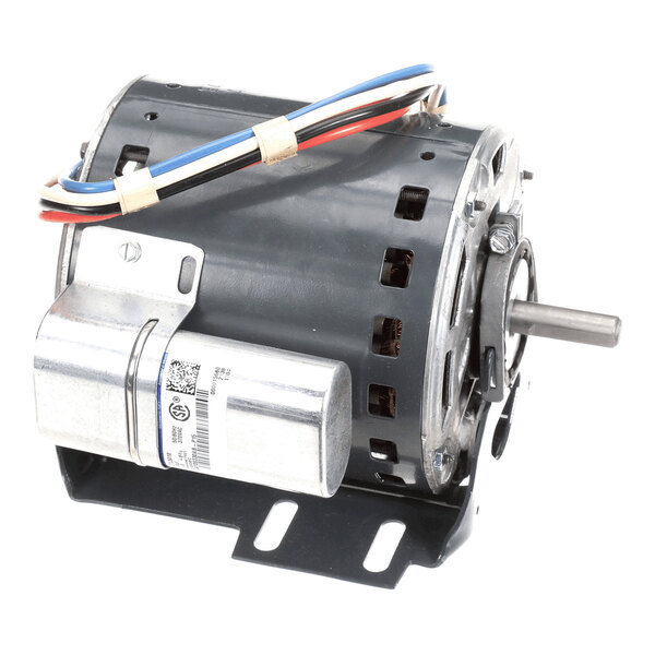 A cylindrical electric motor with attached wires, a metal mounting bracket, and a capacitor.