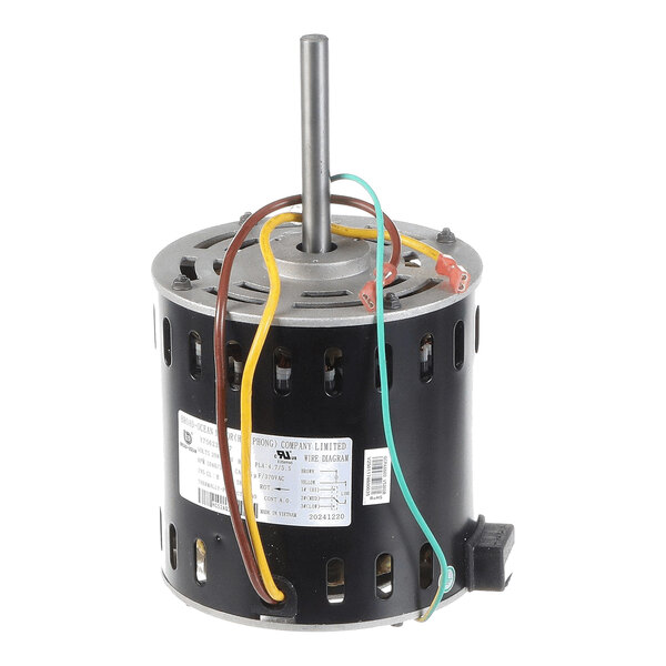 A cylindrical electric motor with a central shaft and several colored wires attached to the top.