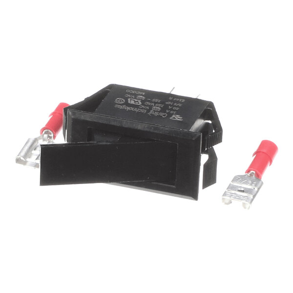 A black rectangular rocker switch with two red and silver terminal connectors placed beside it.