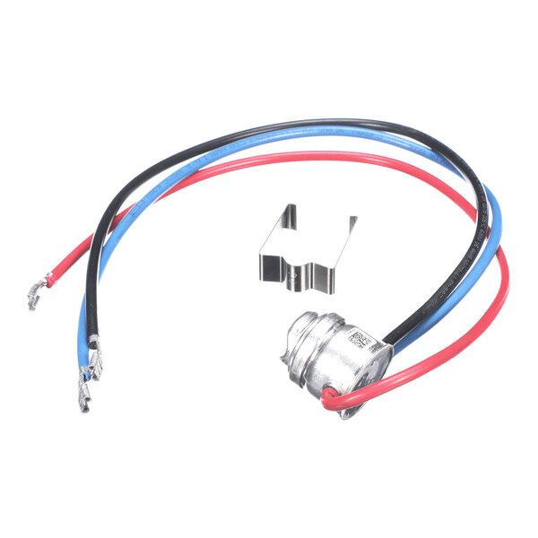 A small metal cylindrical component with attached red, blue, and black wires, accompanied by a metal mounting clip.