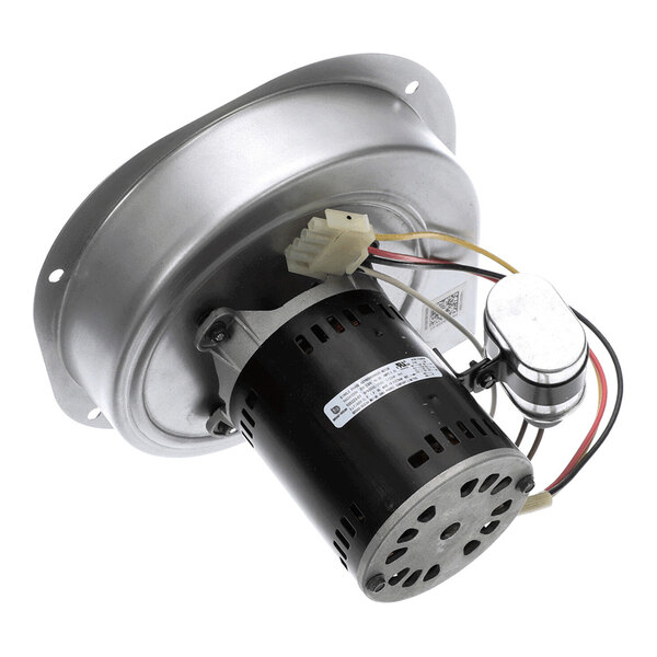 A metal and plastic motorized blower assembly with attached wiring and a circular mounting plate.