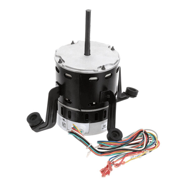 A cylindrical electric motor with a central shaft, two mounting brackets, and a bundle of multicolored wires attached.