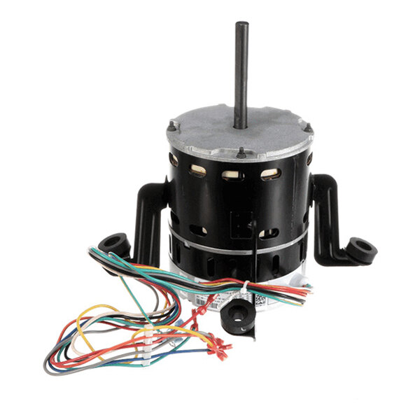 A cylindrical electric motor with a central shaft, black mounting brackets, and multiple colored wires extending from its base.