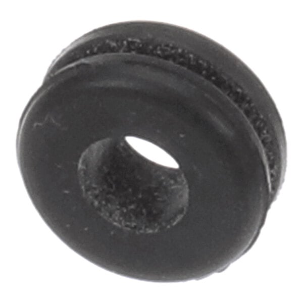 A black, round rubber-like grommet with a central hole and a groove around its circumference.