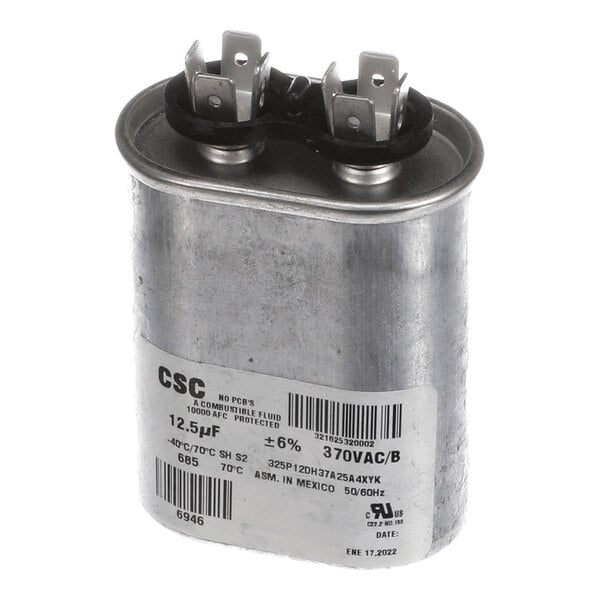 A black and metallic electrical contactor with a visible coil, multiple screw terminals, and a label displaying technical specifications.