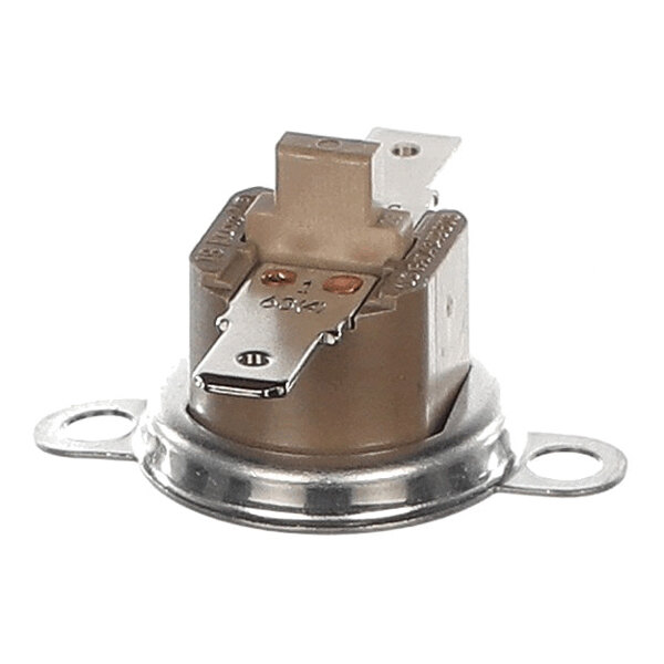 A small round metallic and plastic component with two mounting holes and two flat electrical terminals on top.