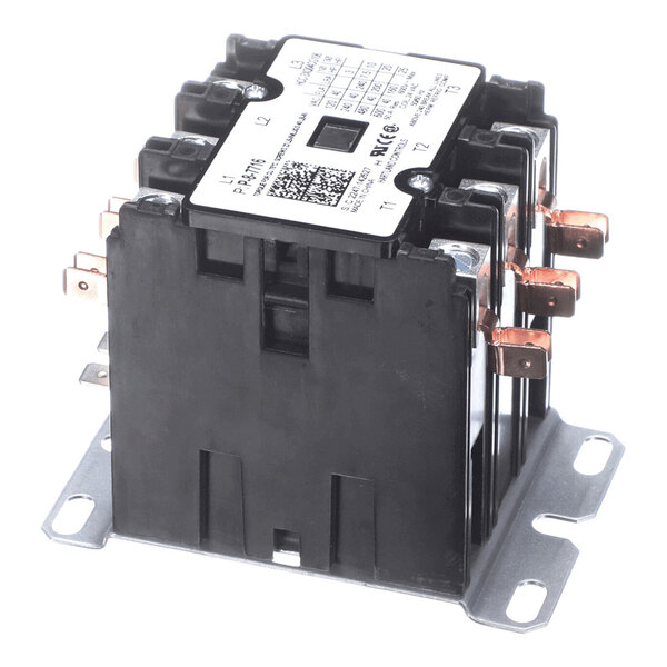 A black electrical contactor with multiple copper terminals and a labeled white top plate, mounted on a metal base.