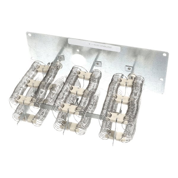 A metal plate with multiple coiled wire heating elements mounted on ceramic supports.