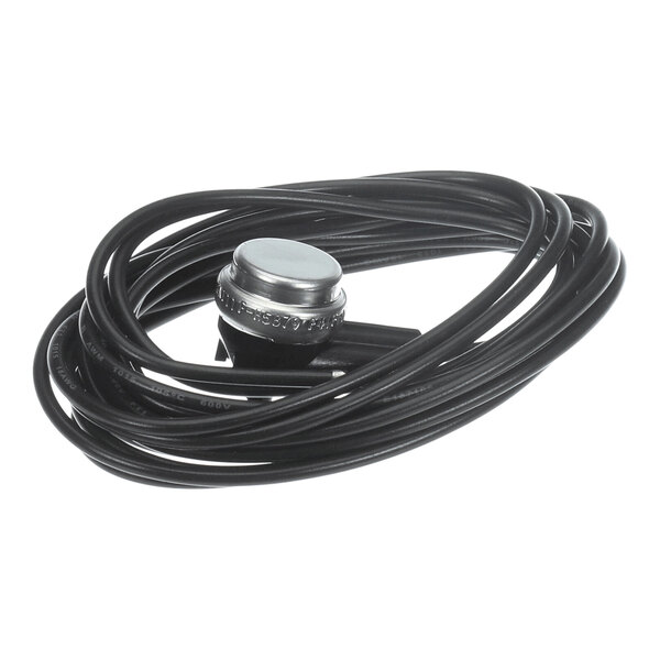 A coiled black cable with a round metallic sensor attached.