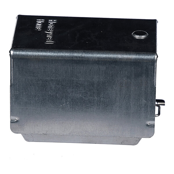 A cylindrical metal capacitor with three electrical terminals on top and a label with specifications on the side.